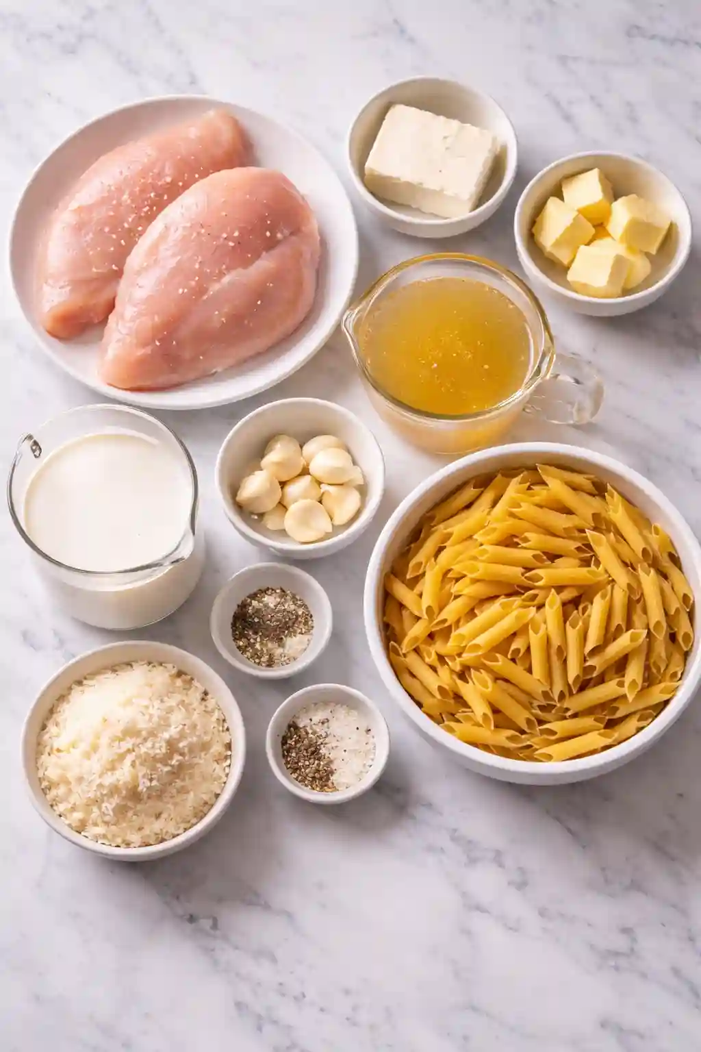 Ingredients for crockpot chicken alfredo recipe including raw chicken breast, penne pasta, cream, butter, garlic, parmesan, and chicken broth on a marble surface