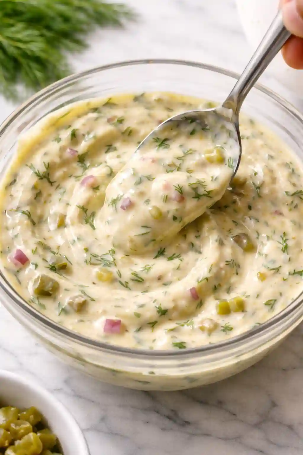 Dill Pickle Potato Salad Dressing Creamy Tangy creamy dill pickle potato salad dressing with mayonnaise mustard pickle juice fresh dill and chopped pickles in a glass bowl