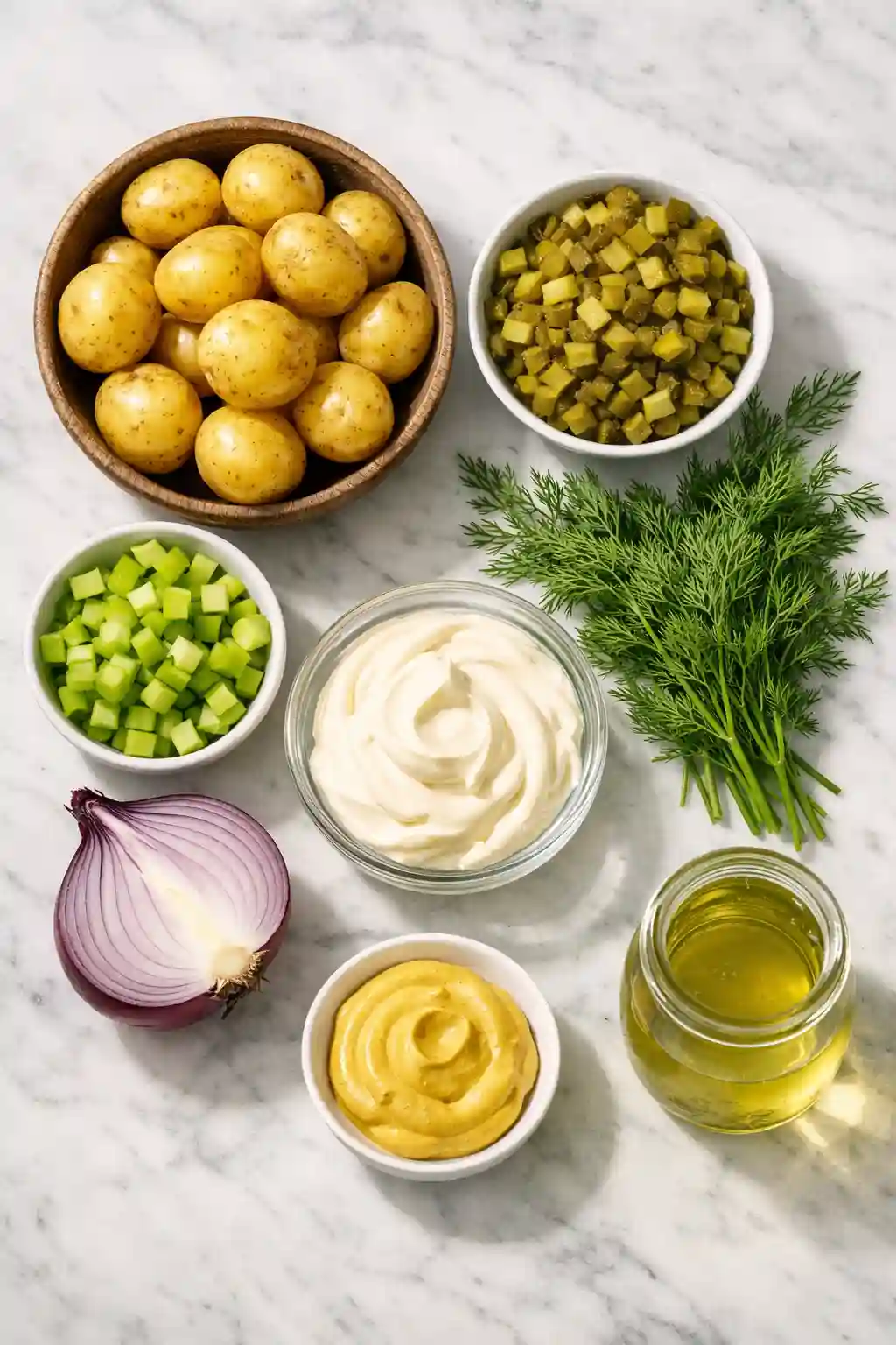 Dill Pickle Potato Salad Ingredients Fresh and Simple ingredients for dill pickle potato salad including baby potatoes chopped pickles mayonnaise mustard fresh dill and red onion on marble surface