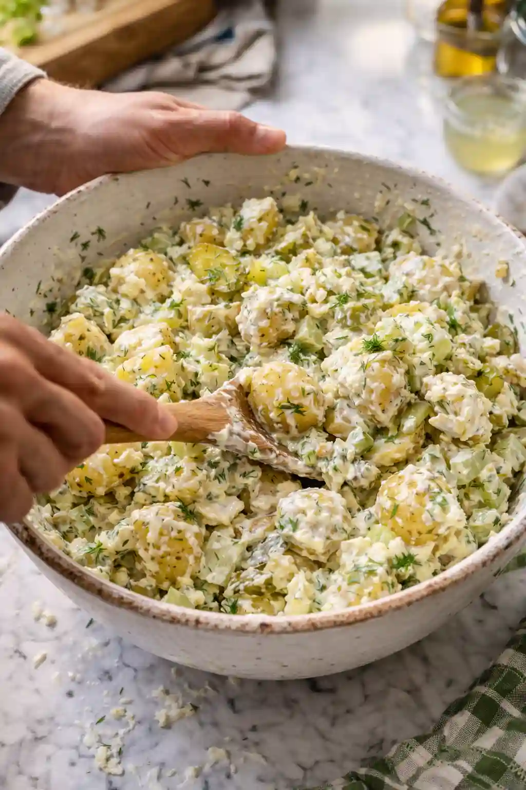Dill Pickle Potato Salad Mixing Step Creamy Texture mixing dill pickle potato salad with baby potatoes chopped pickles celery and creamy dressing in a large bowl