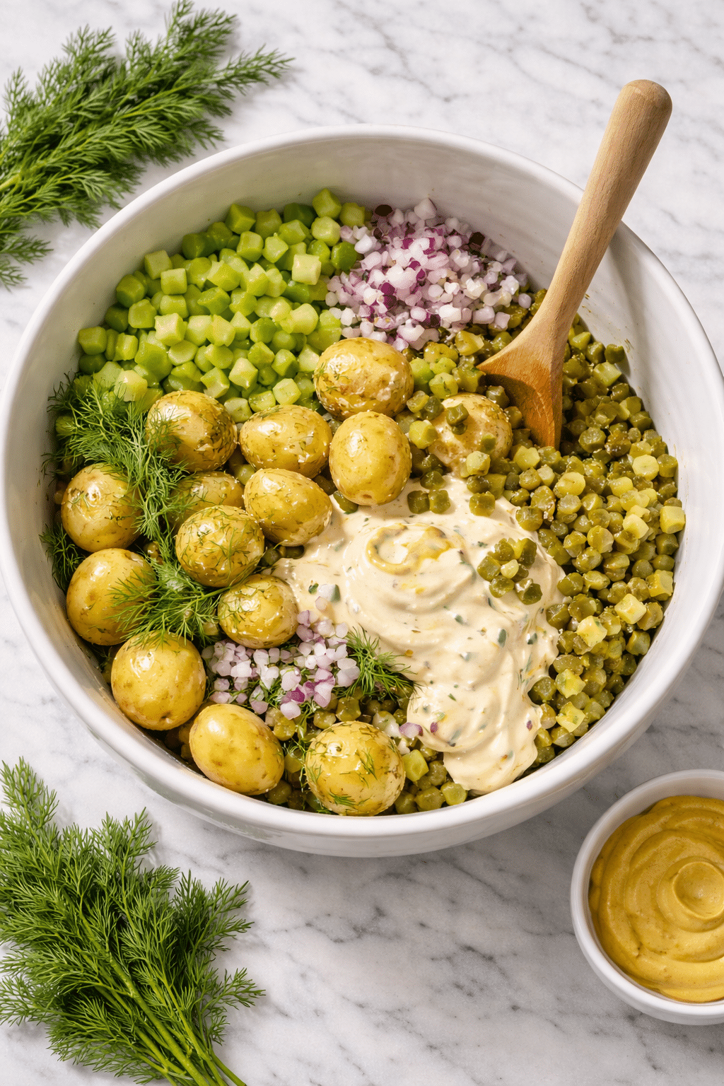 Dill Pickle Potato Salad Preparation Step Ingredients dill pickle potato salad preparation with baby potatoes chopped pickles celery red onion fresh dill and creamy dressing in a bowl