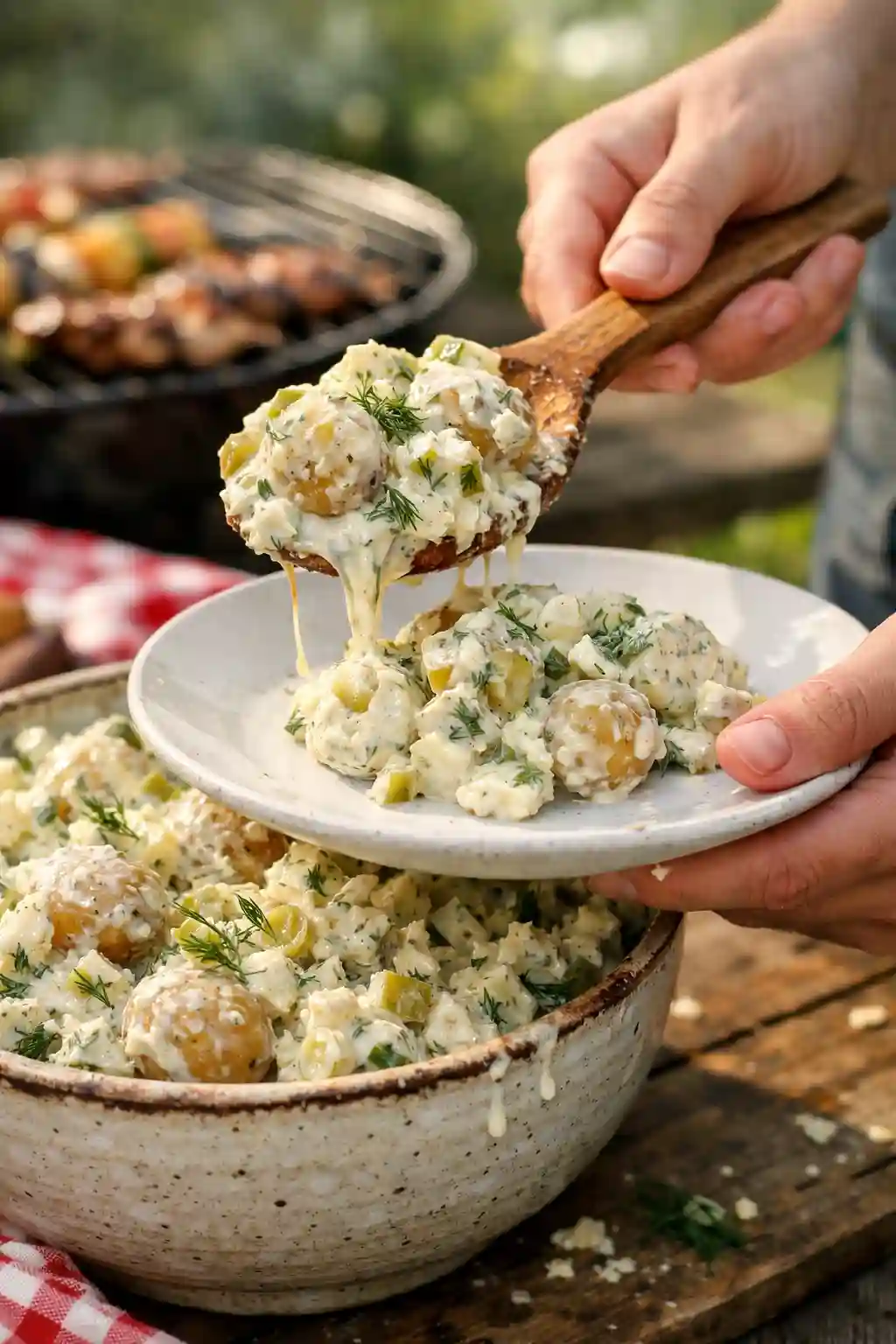 Dill Pickle Potato Salad Serving BBQ Creamy Side serving creamy dill pickle potato salad with baby potatoes and pickles onto a plate at a summer BBQ
