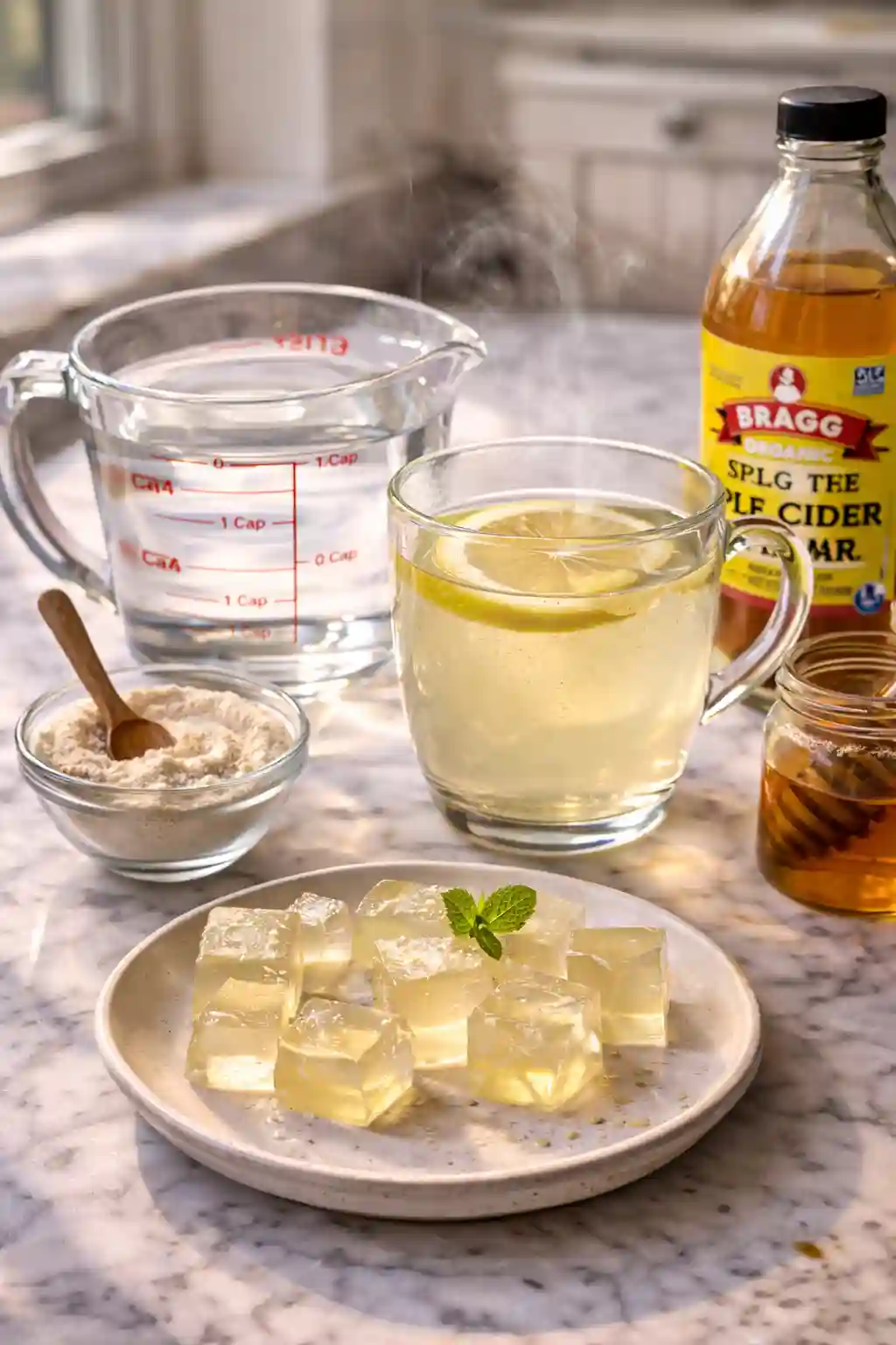 Dr Gupta Gelatin Recipe Ingredients and Preparation Setup Dr Gupta gelatin recipe ingredients including unflavored gelatin powder water apple cider vinegar and lemon with gelatin drink and cubes