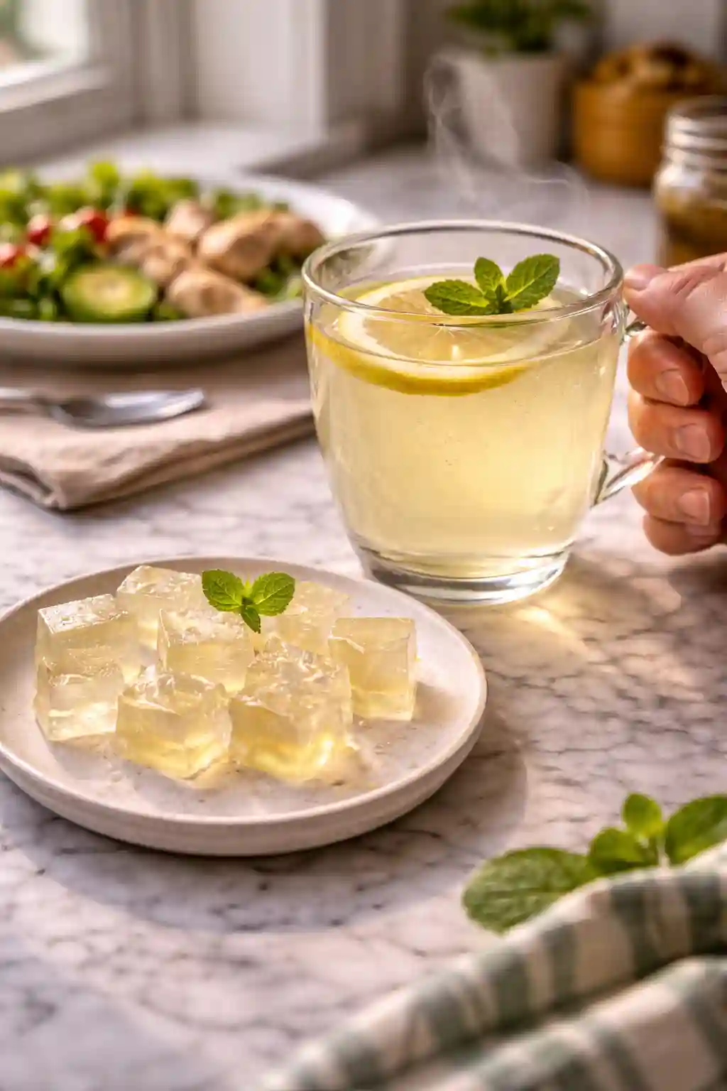 Serving – Dr Gupta Gelatin Recipe for Weight Loss Dr Gupta gelatin recipe for weight loss served as a warm drink with lemon and gelatin cubes before a healthy meal