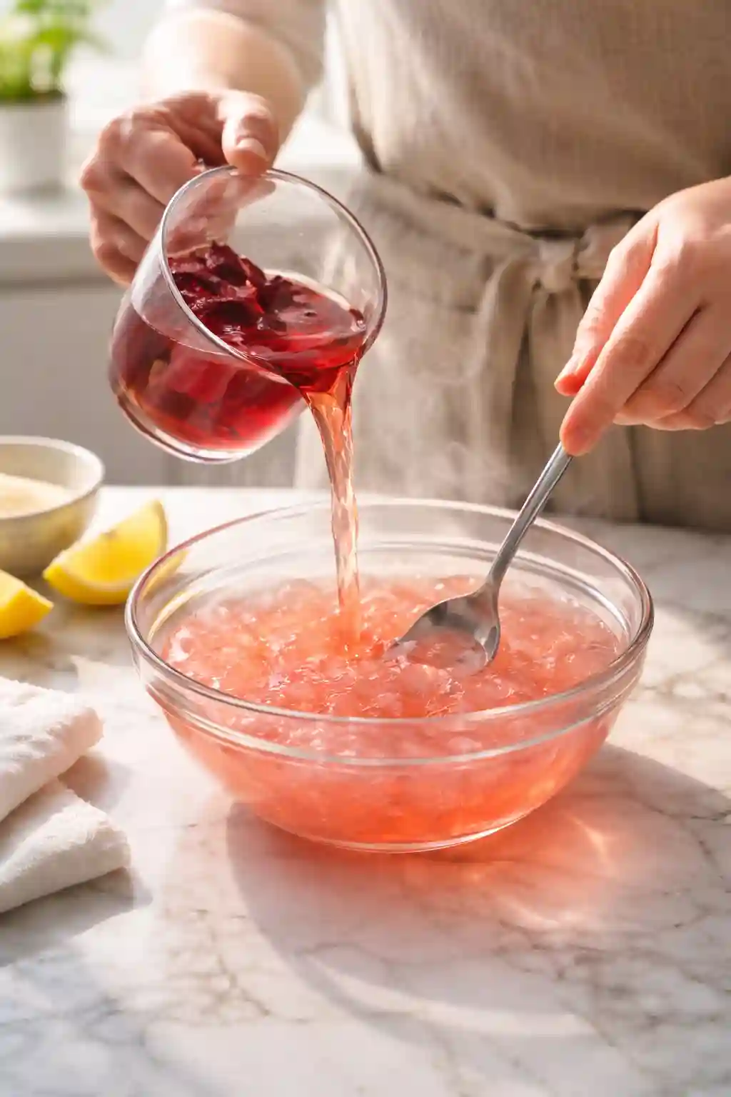 How to Make Pink Gelatin Recipe Step by Step pouring hibiscus tea into gelatin mixture to make pink gelatin recipe in glass bowl