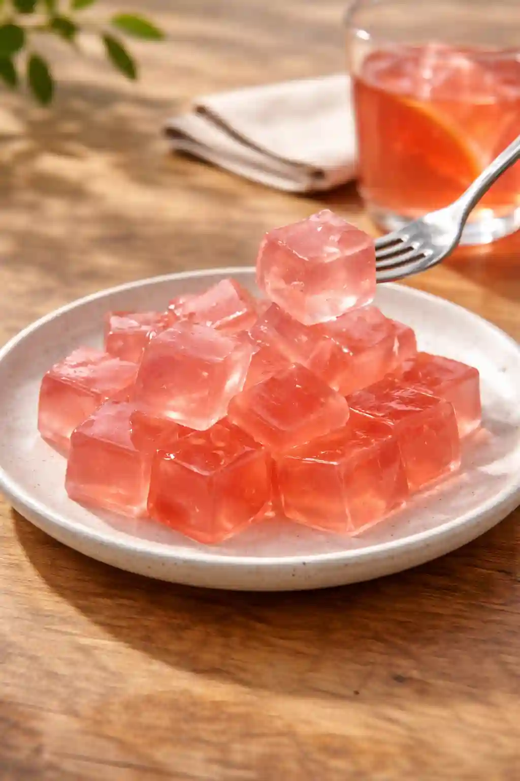 Pink Gelatin Recipe Serving Cubes Ready to Eat pink gelatin cubes served on plate with fork showing soft texture and glossy finish