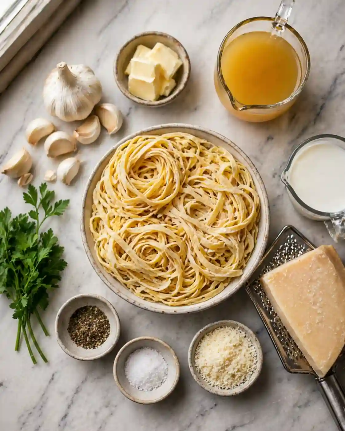 ingredients for garlic parmesan pasta with pasta garlic butter and parmesan cheese