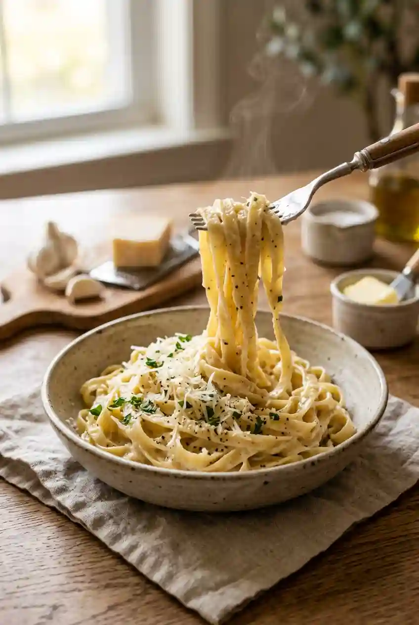 fork lifting creamy garlic parmesan pasta with steam rising