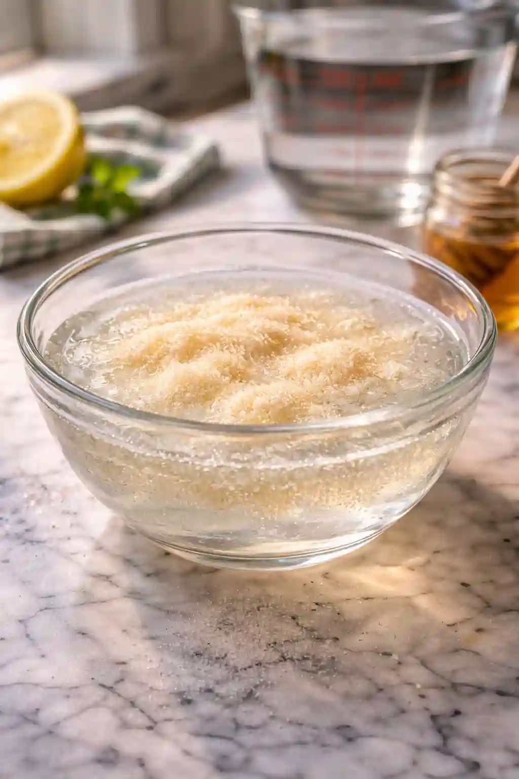 Gelatin Blooming Step – Dr Gupta Gelatin Recipe for Weight Loss Dr Gupta gelatin recipe for weight loss step showing gelatin blooming in cold water in a glass bowl on kitchen counter