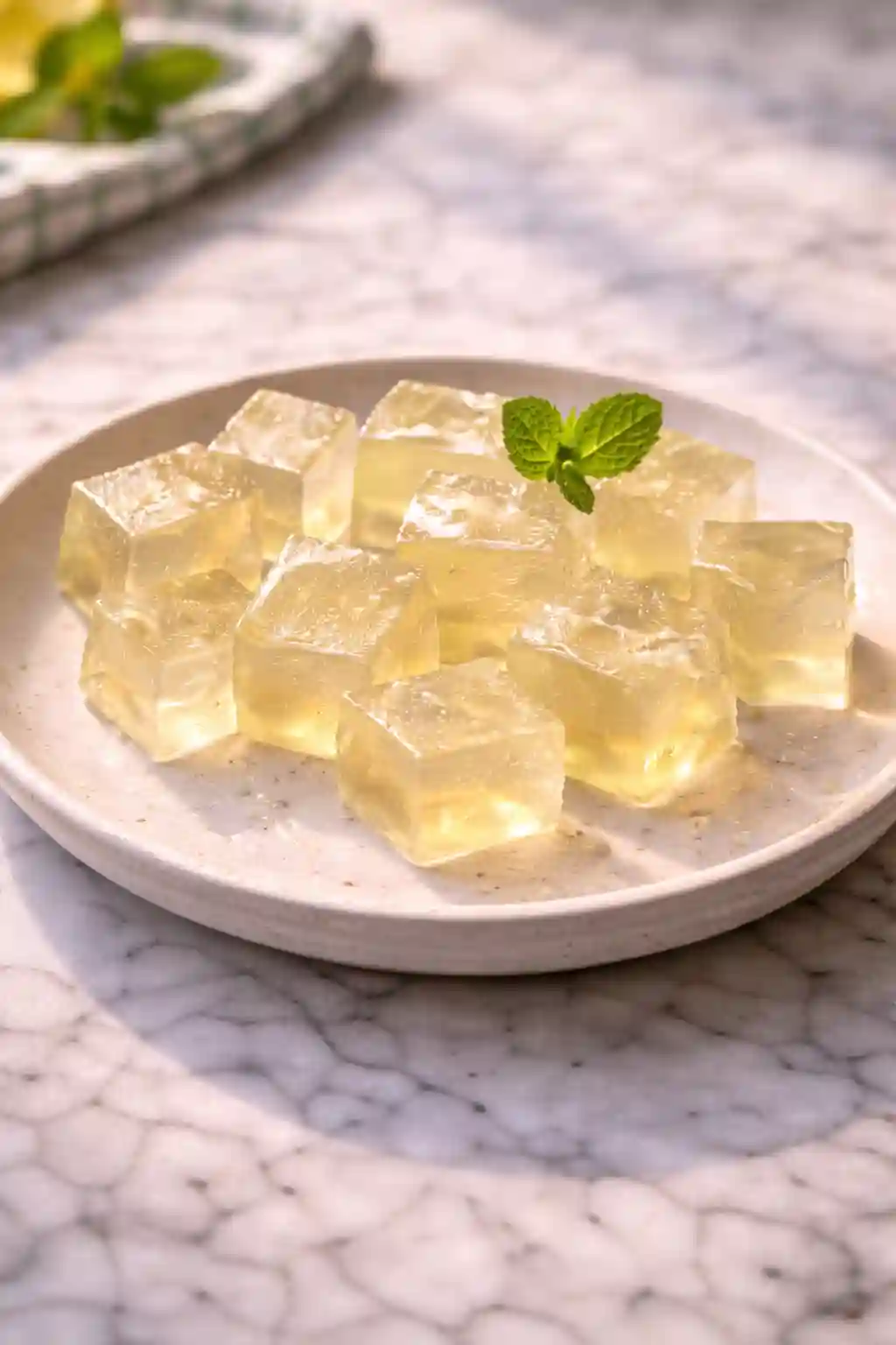 Gelatin Cubes – Dr Gupta Gelatin Recipe for Weight Loss Dr Gupta gelatin recipe for weight loss finished gelatin cubes served on a plate with fresh mint