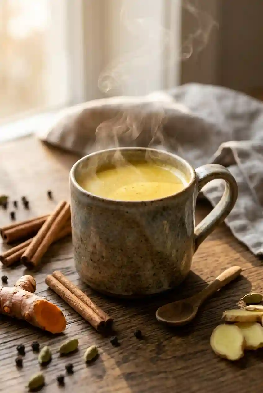 Sanjay Gupta chai tea recipe served hot in a ceramic mug with turmeric, ginger, cinnamon, and spices on a wooden table