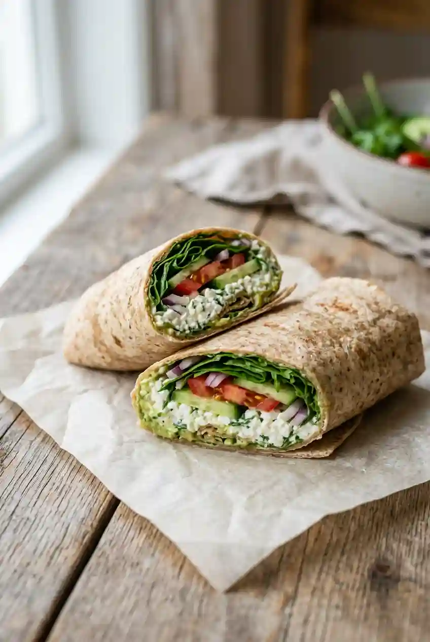 healthy cottage cheese wrap recipe filled with fresh vegetables and creamy cottage cheese cut in half