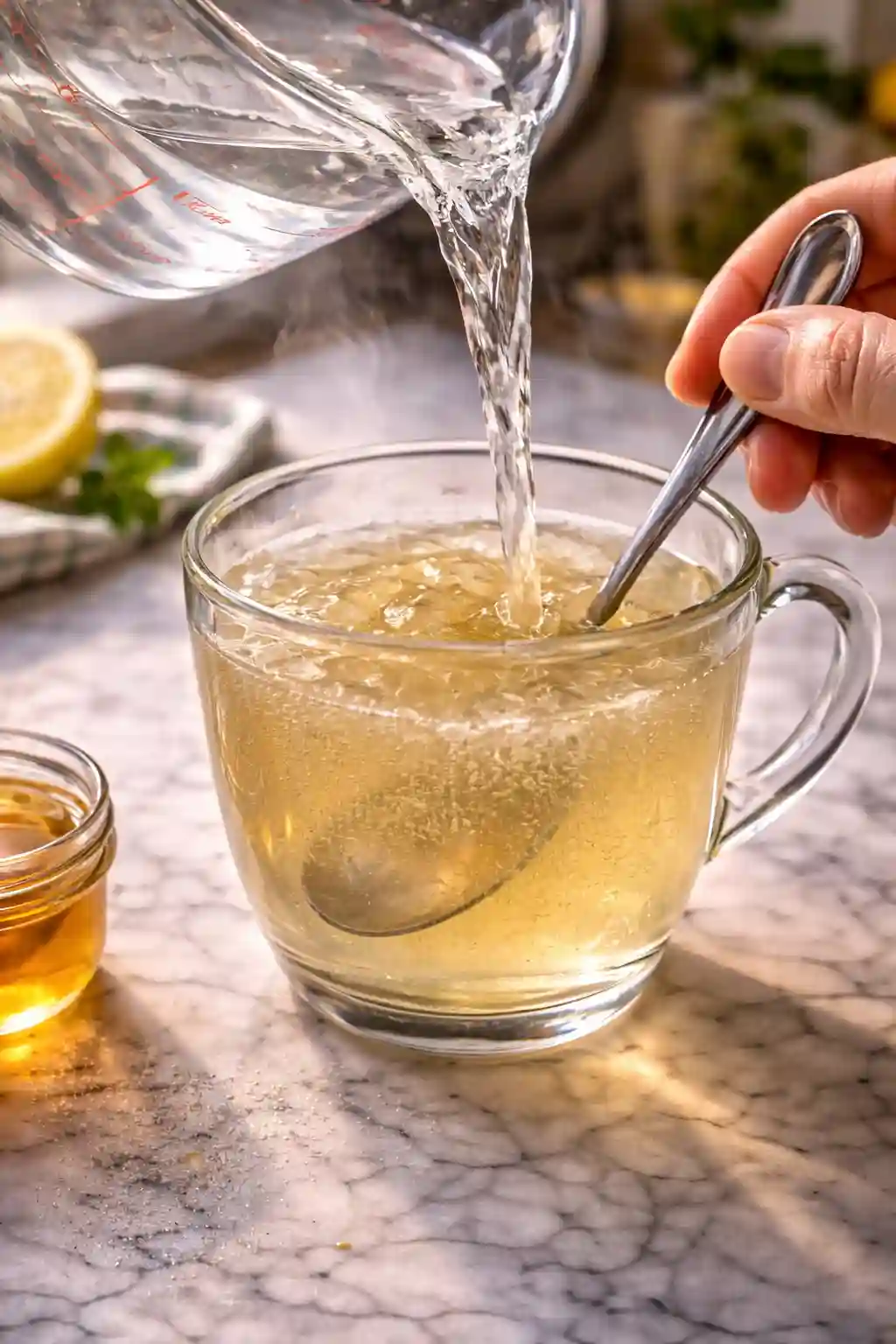 Adding Hot Water – Dr Gupta Gelatin Recipe for Weight Loss Dr Gupta gelatin recipe for weight loss step adding hot water to dissolved gelatin in a glass mug