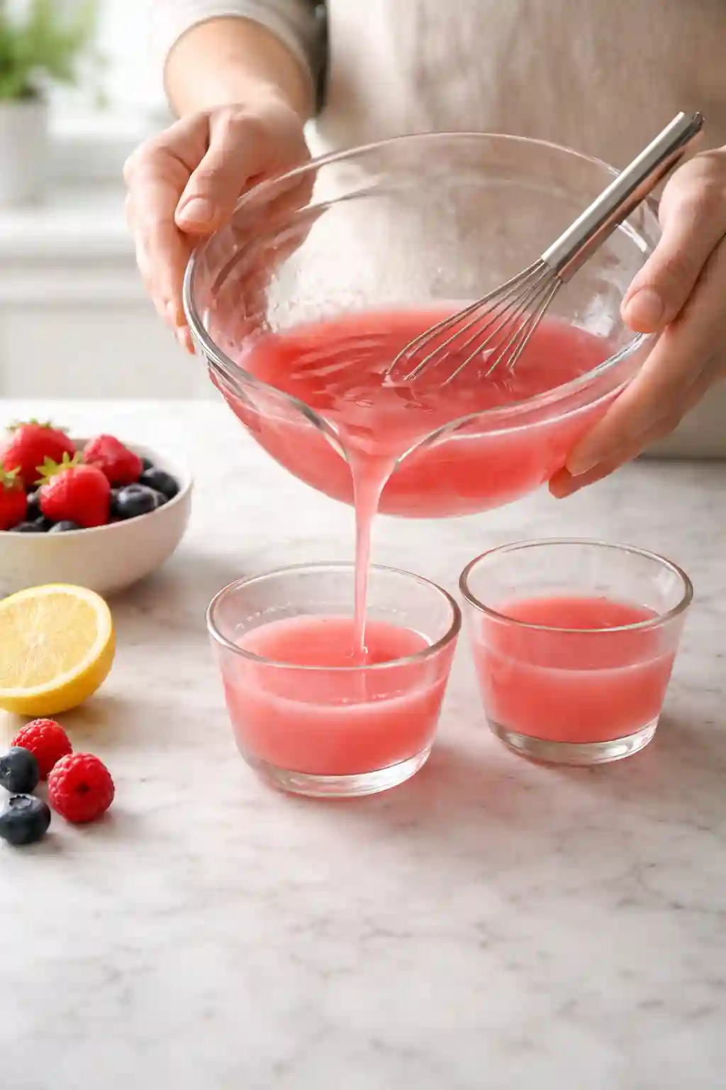 How to Make Jillian Michaels Gelatin Recipe Step by Step how to make Jillian Michaels gelatin recipe pouring gelatin mixture into glass cups