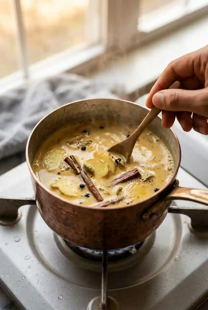 Sanjay Gupta chai tea recipe being prepared in a saucepan with turmeric, ginger, cinnamon, and spices simmering on the stove
