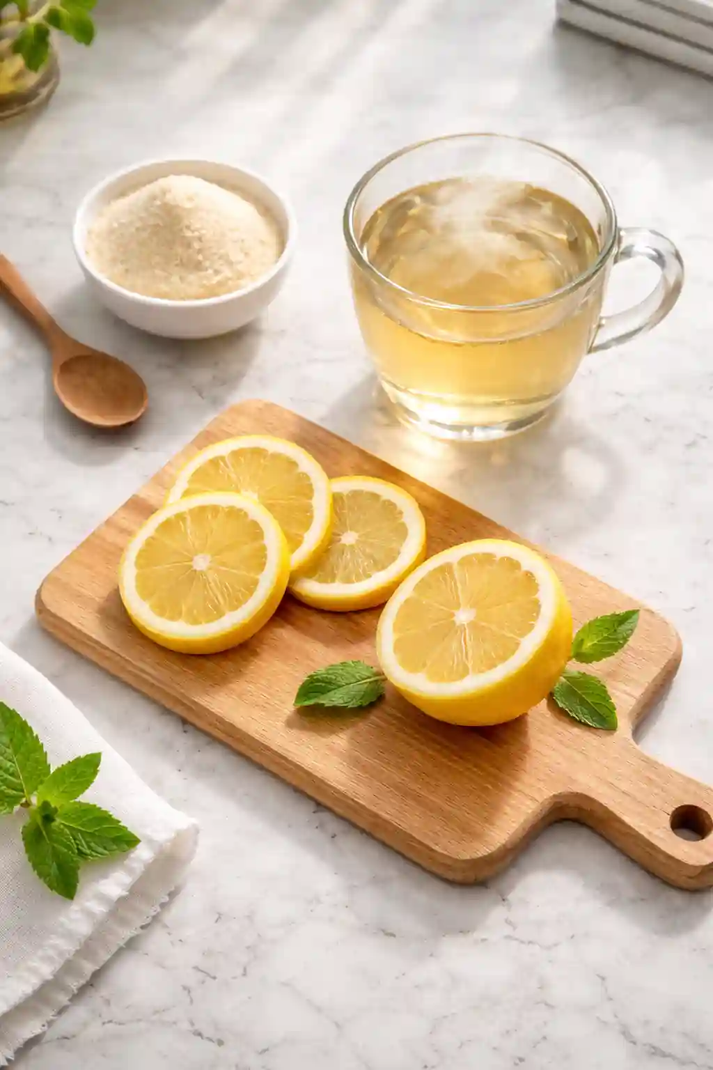 Dr William Li Gelatin Recipe Ingredients Ingredients for Dr William Li gelatin recipe including lemon slices and unflavored gelatin powder