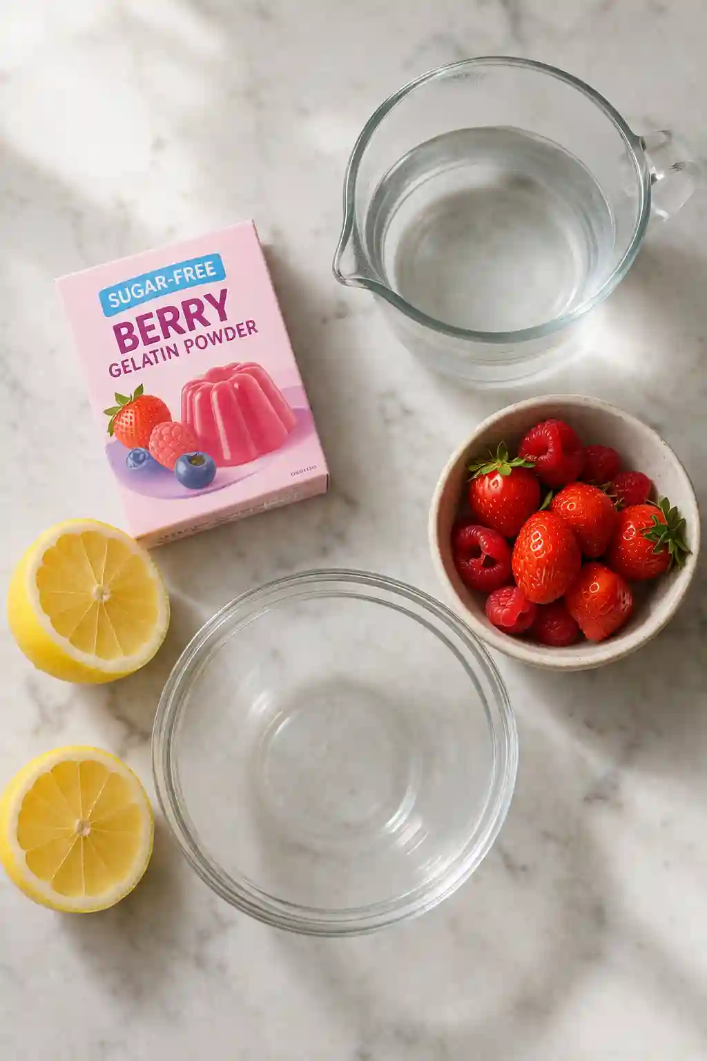 Jillian Michaels Gelatin Hack Ingredients ingredients for Jillian Michaels gelatin recipe including sugar free gelatin berries lemon and water