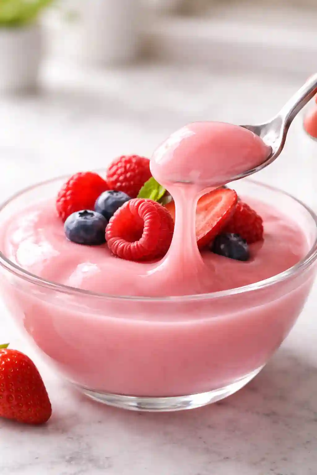 Jillian Michaels gelatin hack smooth pink gelatin dessert with spoon and fresh berries Jillian Michaels gelatin hack smooth pink gelatin dessert with spoon and fresh berries