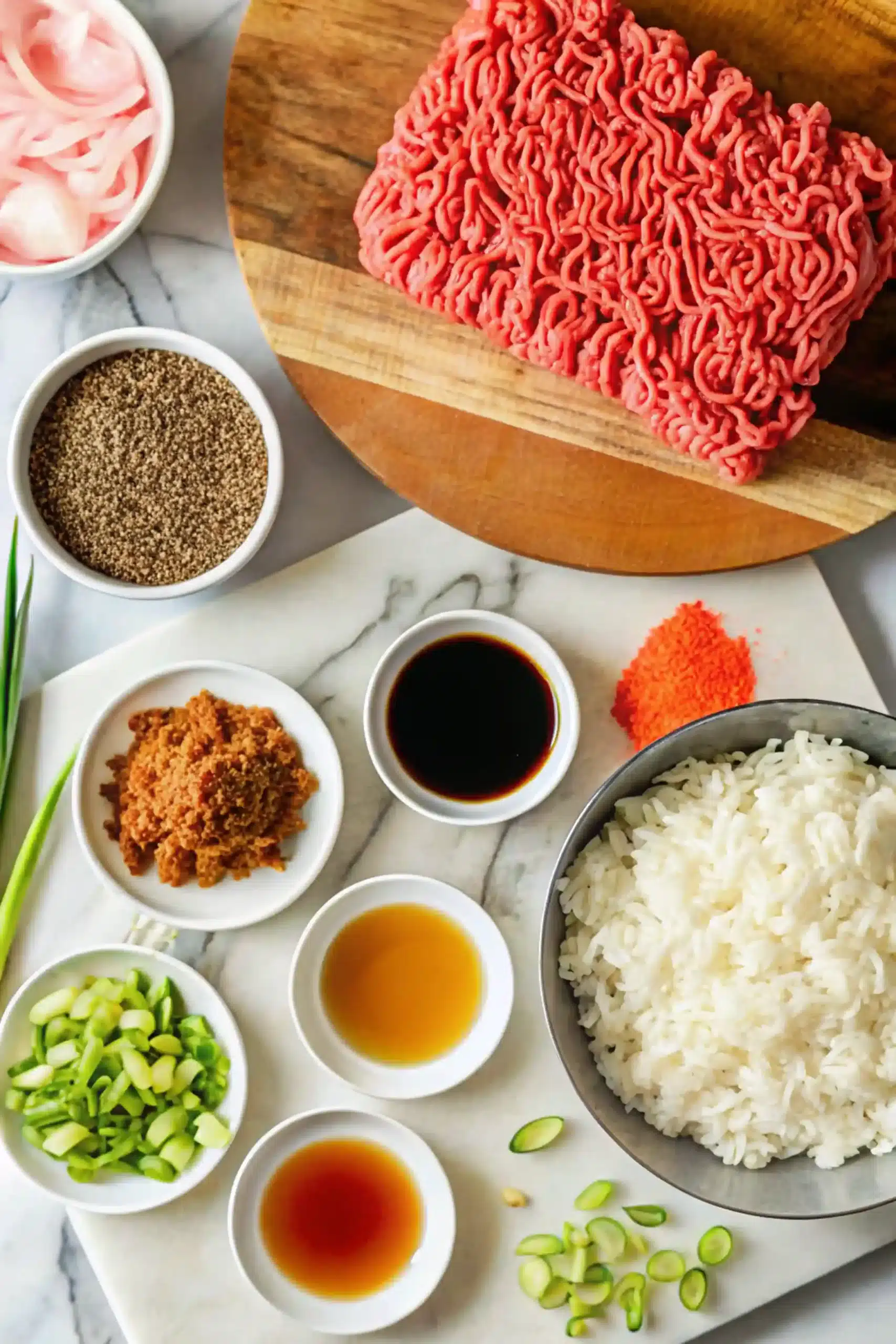ingredients for korean ground beef bowl with rice and sauce