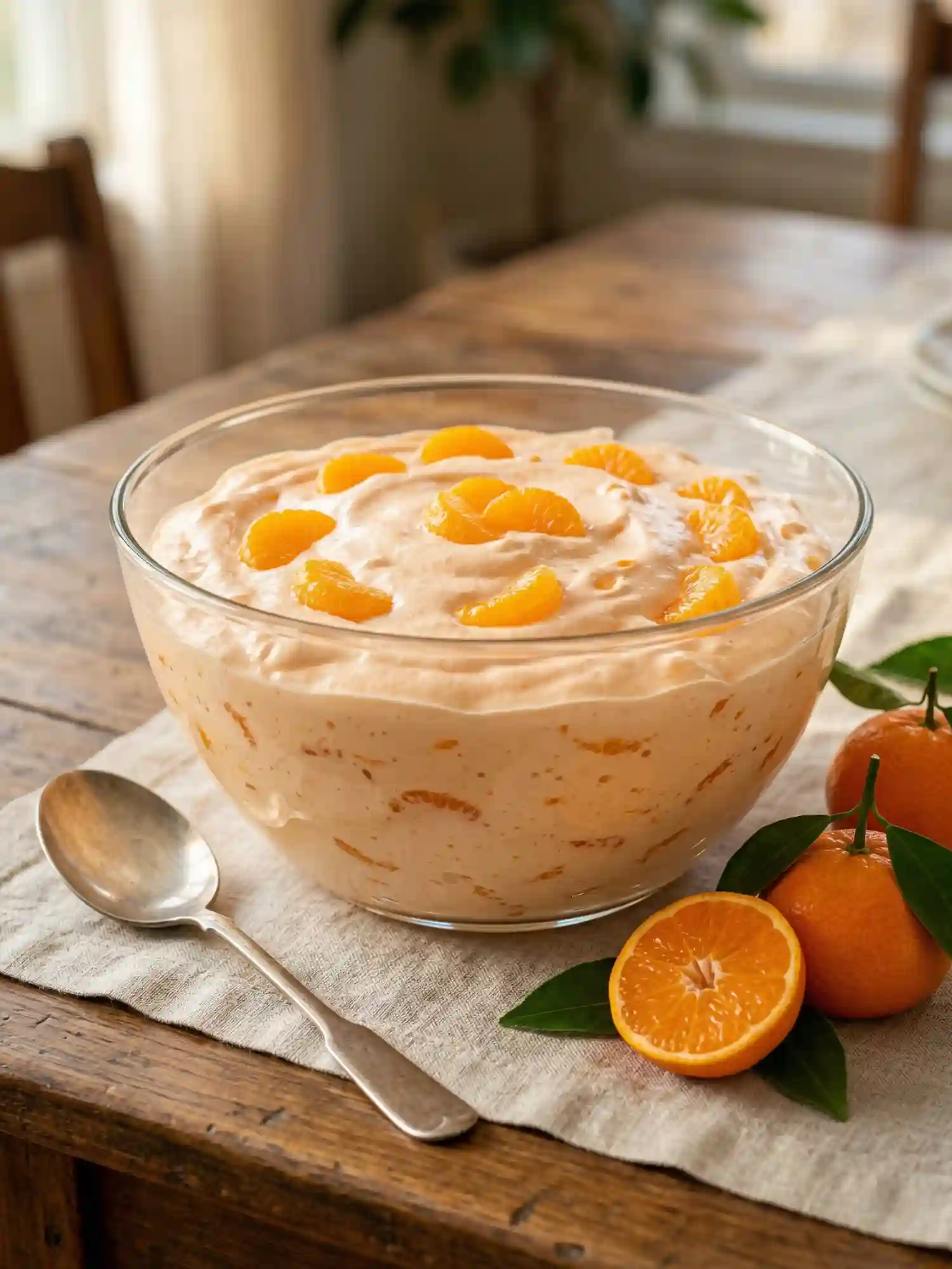 Best Mandarin Orange Jello Salad Creamy and Fluffy Creamy mandarin orange jello salad in a glass bowl with fresh mandarin slices on a rustic wooden table