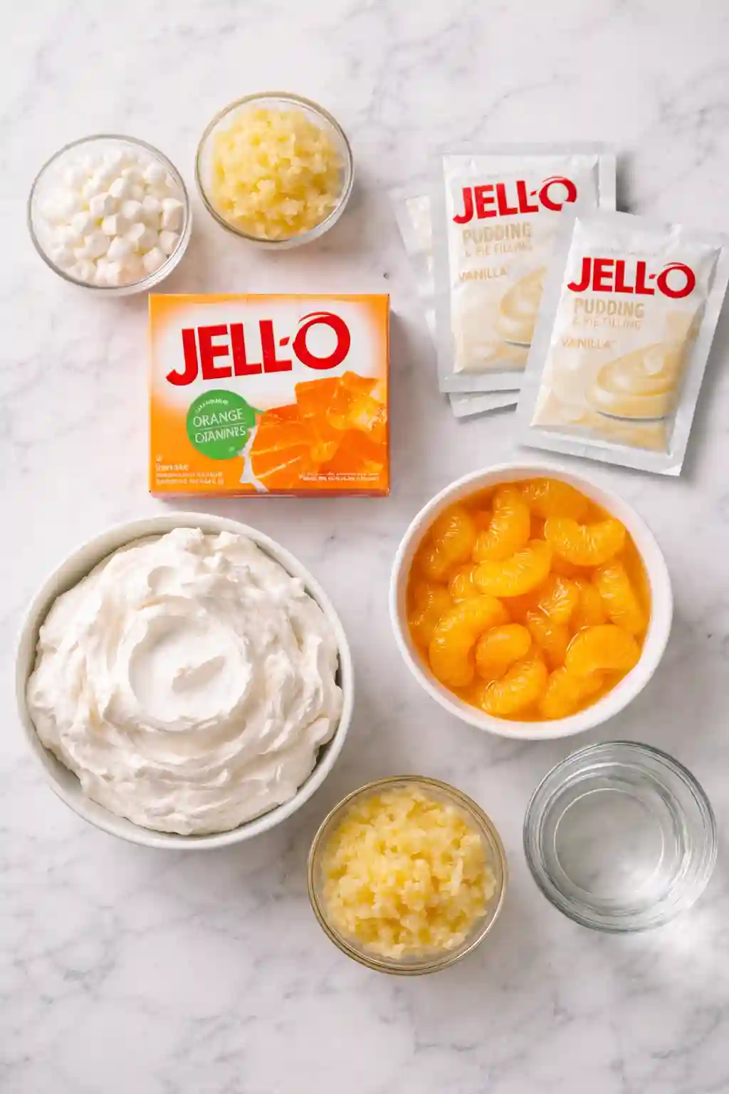 Mandarin Orange Jello Salad Ingredients Setup Ingredients for mandarin orange jello salad including orange gelatin, vanilla pudding mix, whipped topping, and mandarin oranges