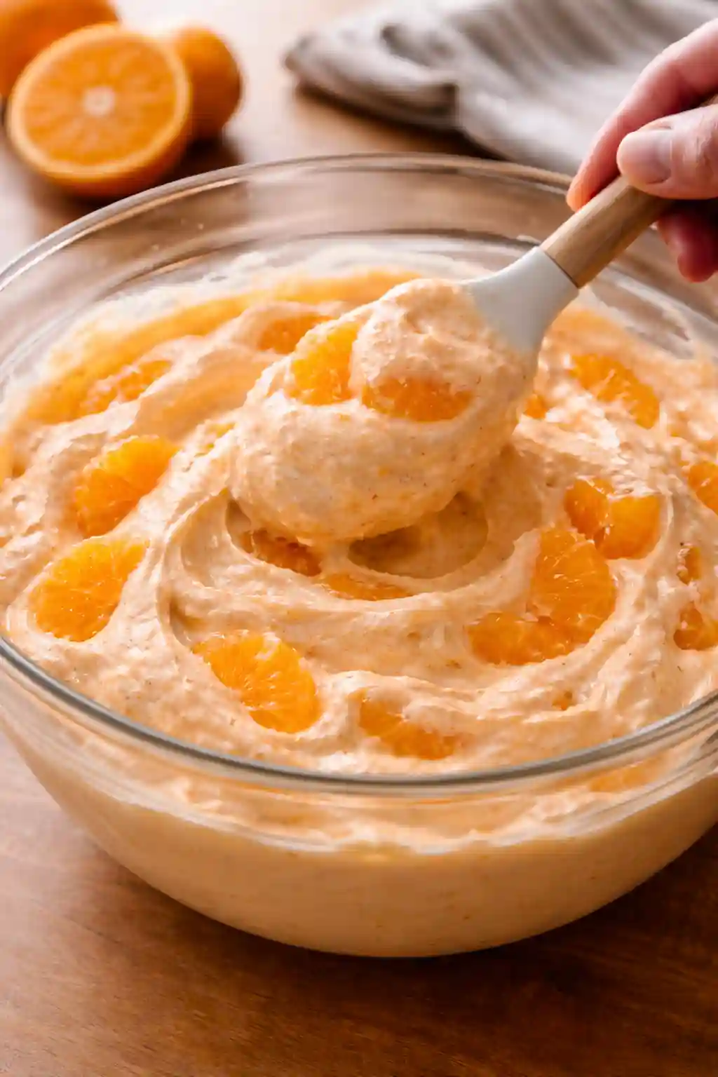 Mandarin Orange Jello Salad Adding Mandarins Step Mandarin orange jello salad with mandarin slices being gently folded into a creamy mixture