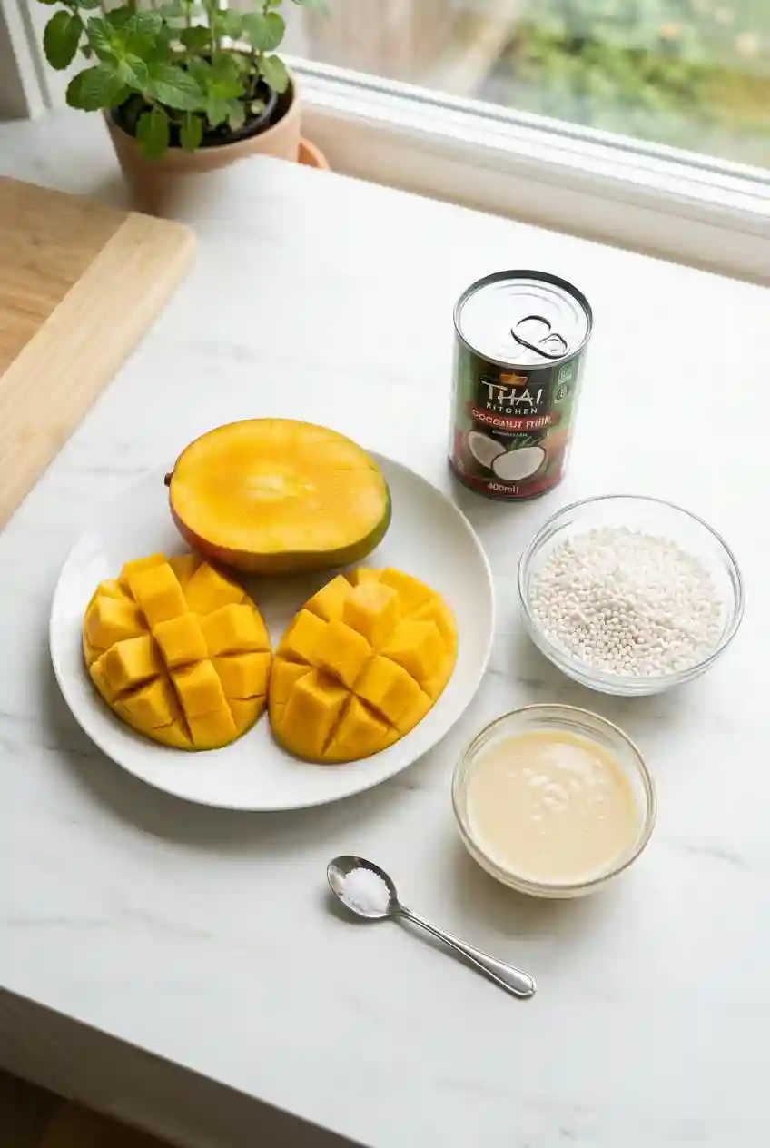 Mango sago pudding recipe ingredients including fresh mango, coconut milk, tapioca pearls, and condensed milk