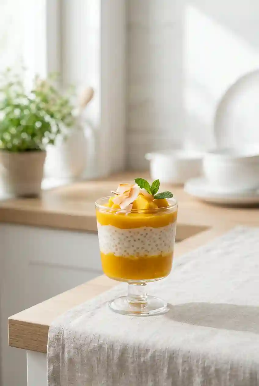 Mango sago pudding recipe layered dessert with mango puree coconut milk and tapioca pearls in a glass