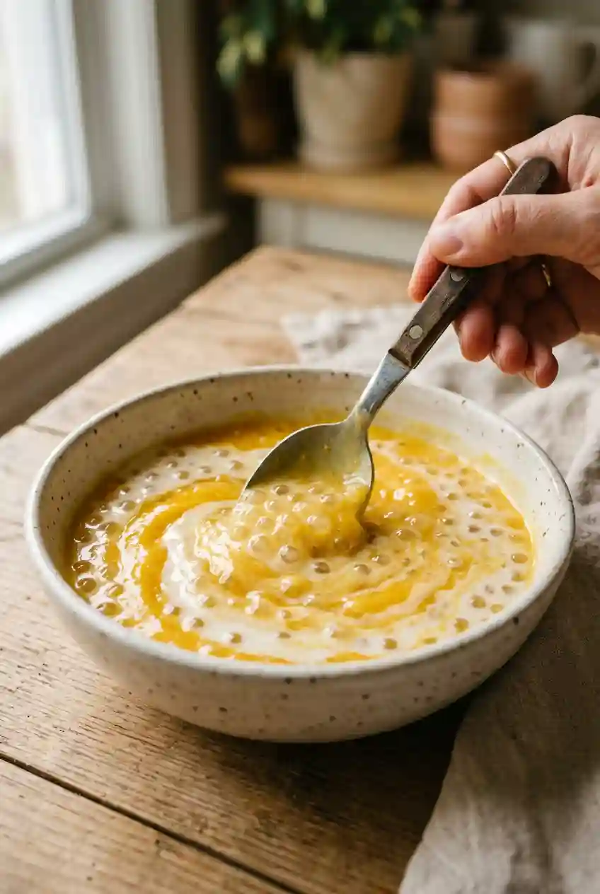 Mango sago pudding recipe mixing tapioca pearls with mango puree and coconut milk