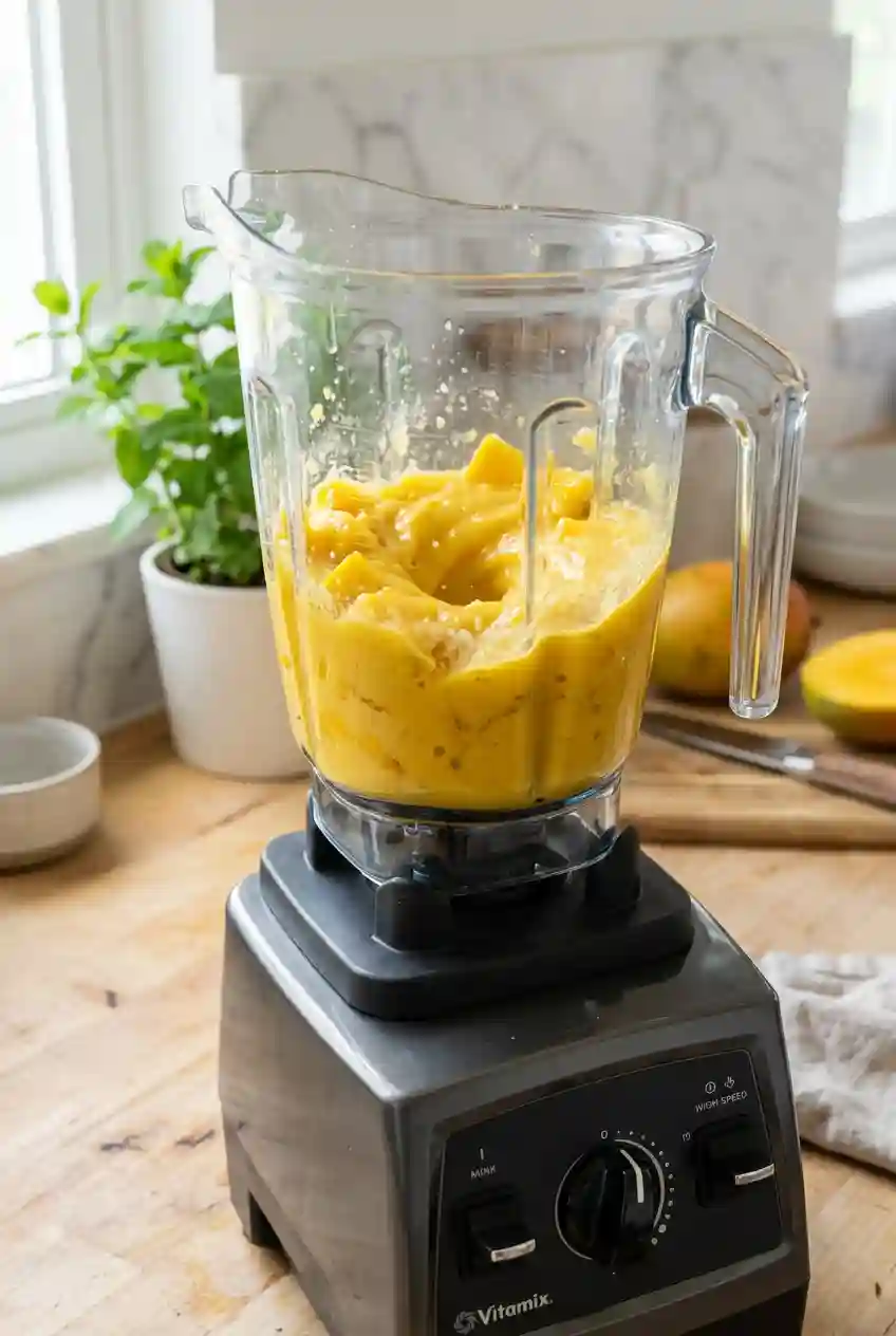 Mango sago pudding recipe mango puree blended in a blender for creamy dessert preparation