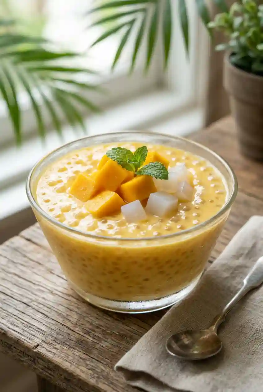 Mango sago pudding recipe creamy dessert with tapioca pearls fresh mango cubes and coconut jelly