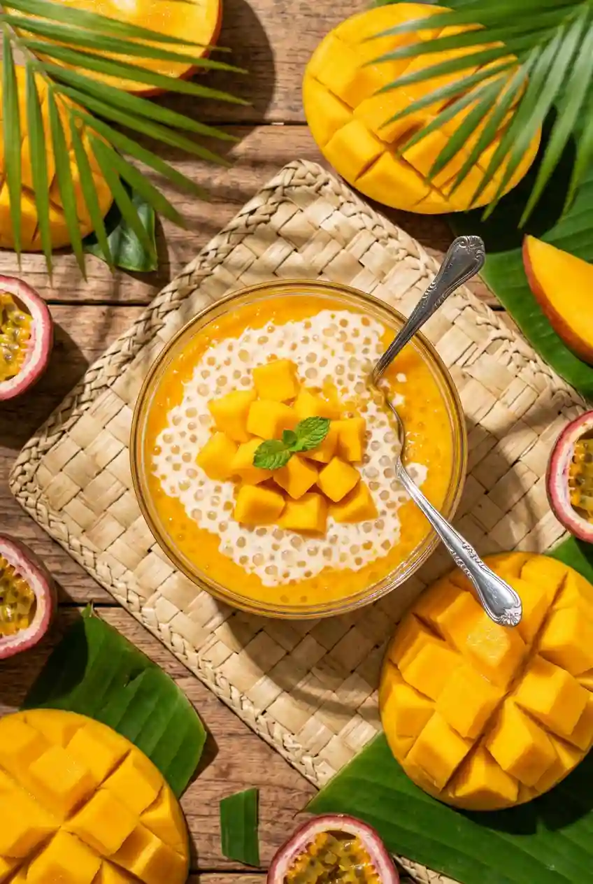 Mango sago pudding recipe tropical dessert with fresh mango cubes, tapioca pearls, and coconut milk