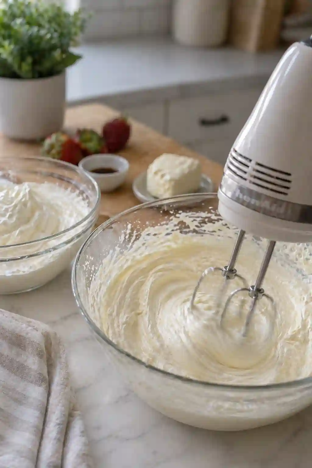 mixing cream cheese filling with electric mixer for no bake strawberry cheesecake