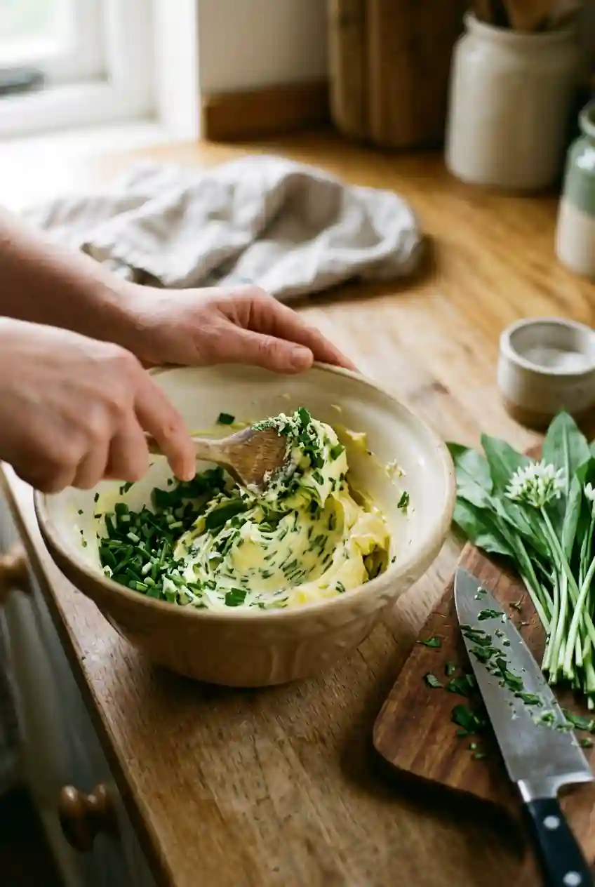 how to make wild garlic butter recipe mixing fresh garlic leaves and butter