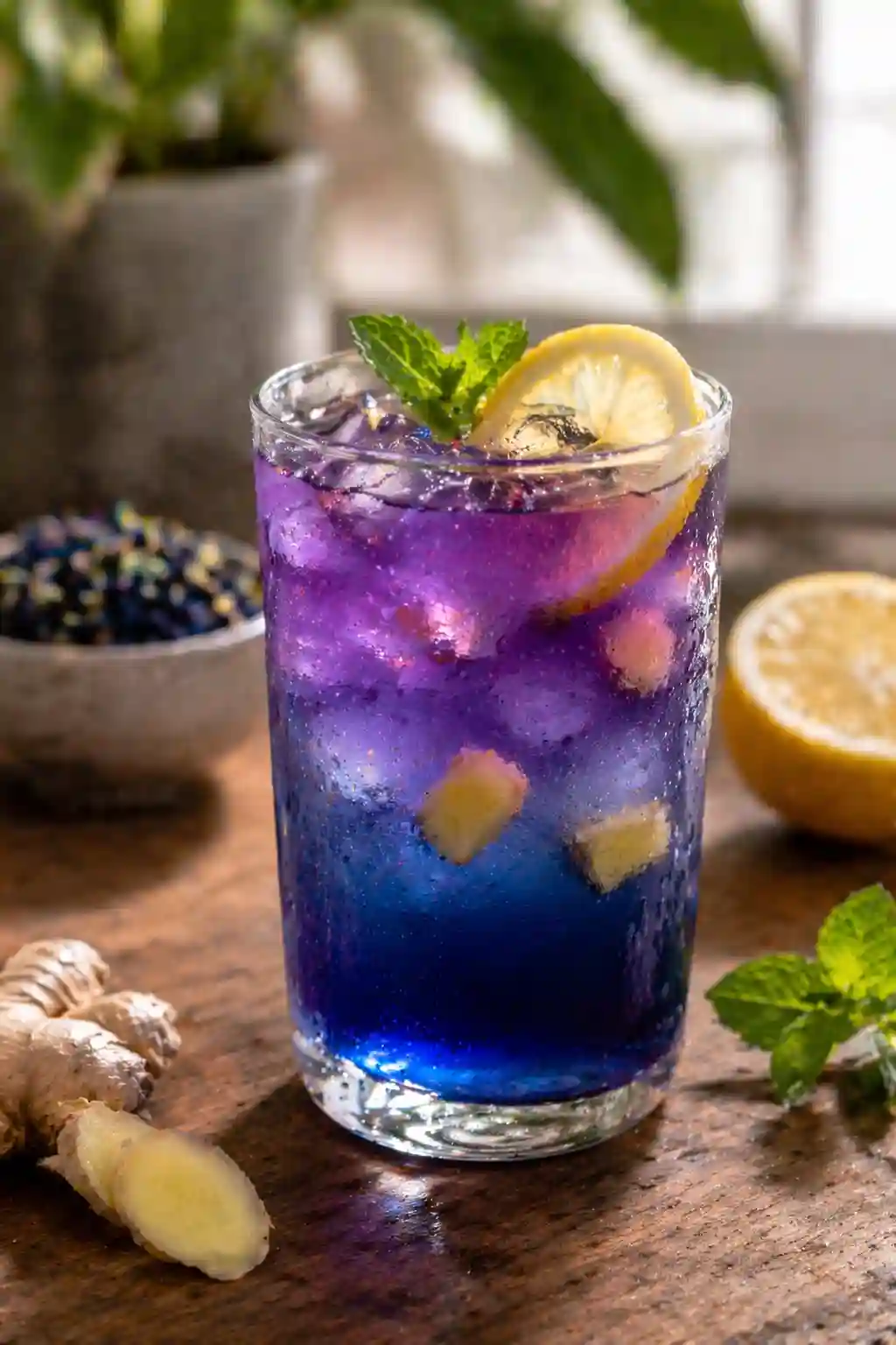 natural mounjaro drink close up for weight loss with butterfly pea tea lemon and ginger