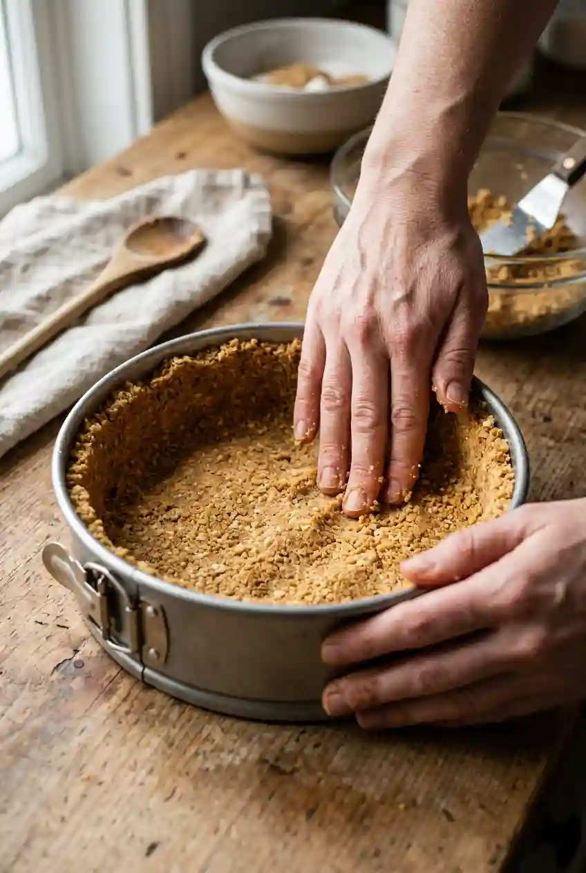 pressing graham cracker crust into springform pan for no bake strawberry cheesecake base