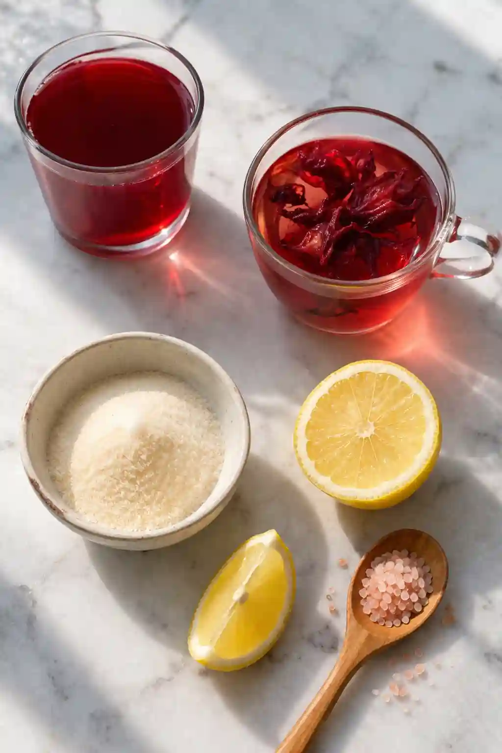 Pink Gelatin Recipe Ingredients with Hibiscus Tea ingredients for pink gelatin recipe with hibiscus tea lemon gelatin powder and pink salt on marble surface