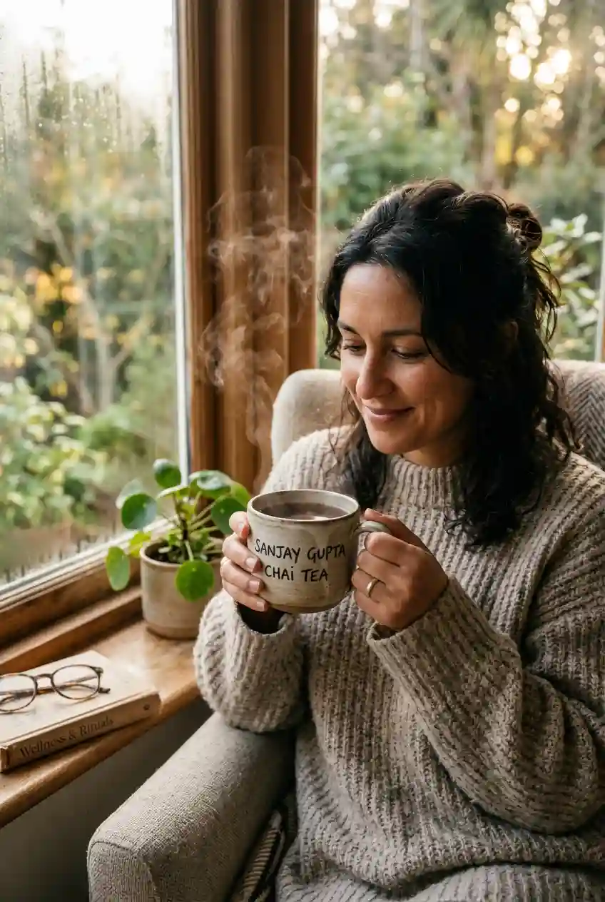 woman enjoying Sanjay Gupta chai tea recipe near a window, cozy morning wellness drink with a warm and relaxing atmosphere