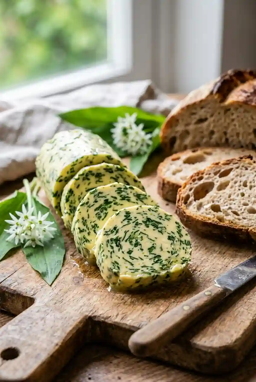 wild garlic butter recipe sliced and served on bread rustic style