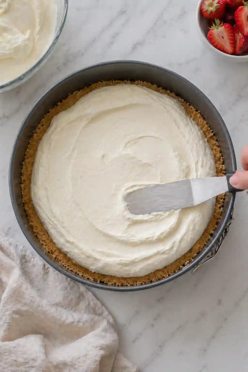 spreading no bake cheesecake filling evenly over graham cracker crust in springform pan