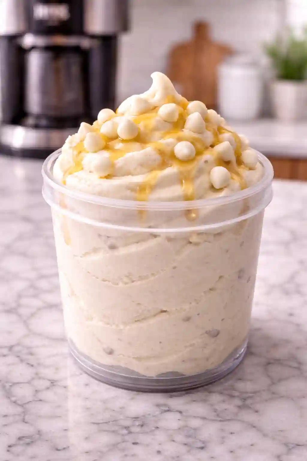 vanilla ninja creami protein ice cream recipe creamy texture with white chocolate chips and caramel drizzle