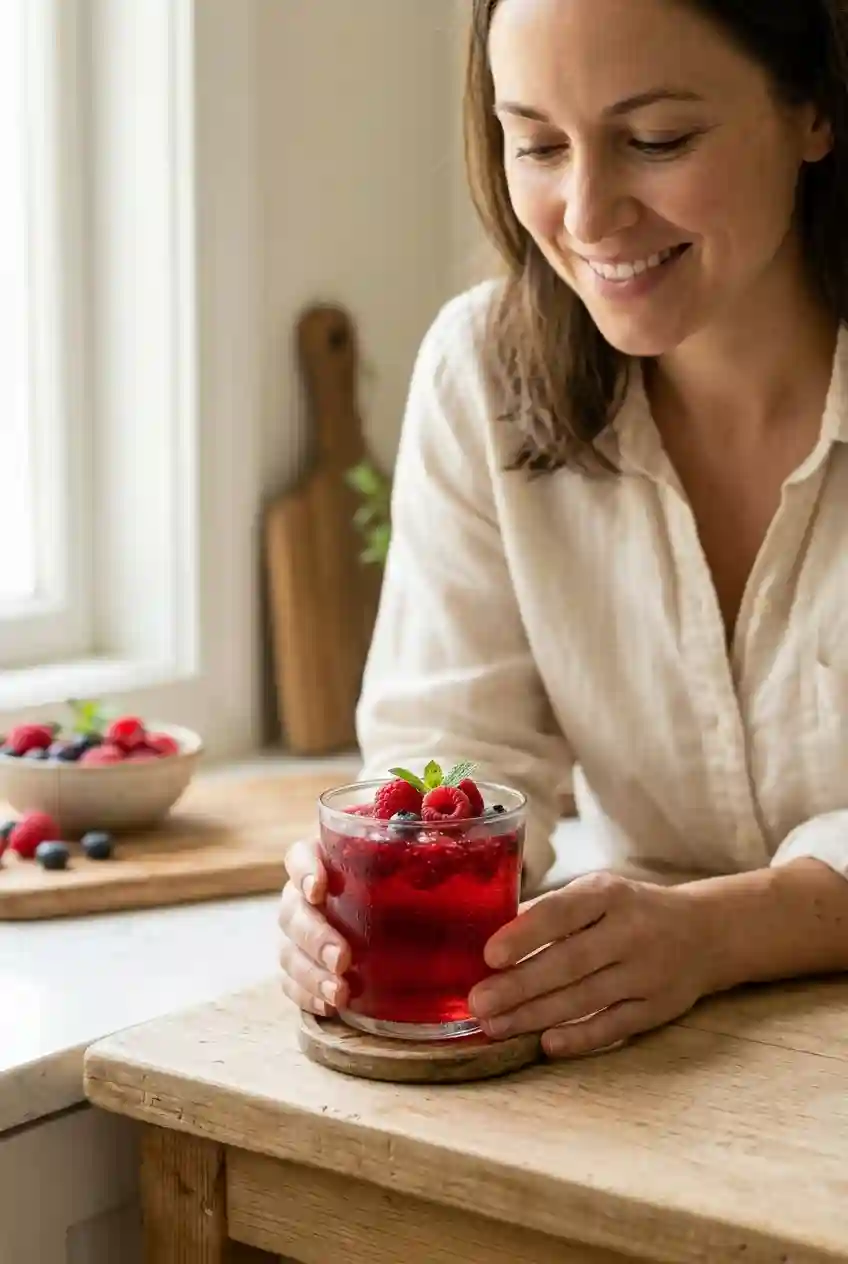 Woman Enjoying 3 Ingredient Gelatin Recipe for Weight Loss woman enjoying 3 ingredient gelatin recipe for weight loss healthy dessert with berries