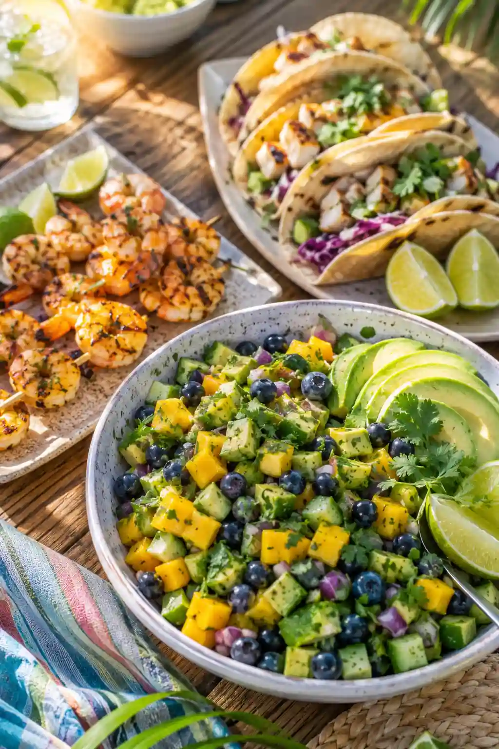 Mango cucumber salad served with grilled shrimp skewers and fish tacos on a summer table