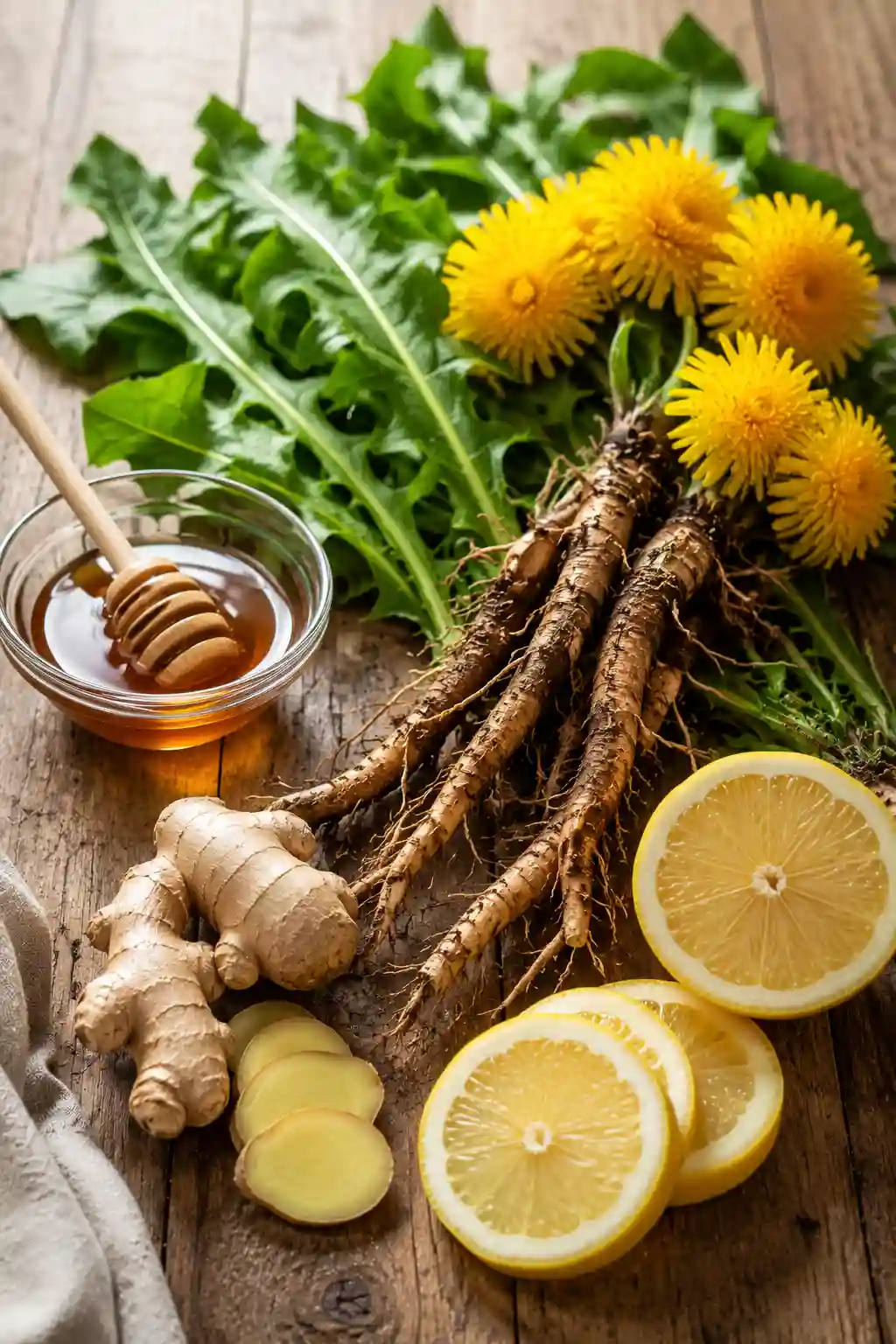 Dandelion Tea Recipe Weight Loss ingredients with fresh roots, flowers, ginger, lemon, and honey on a rustic wooden table