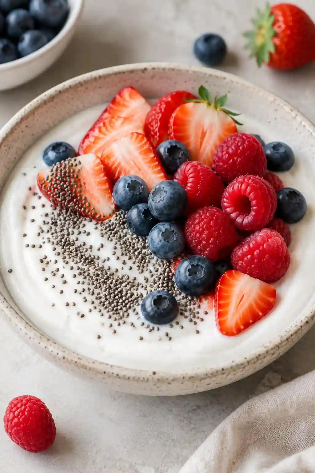 Greek yogurt with chia seeds, strawberries, blueberries, and raspberries in a healthy breakfast bowl