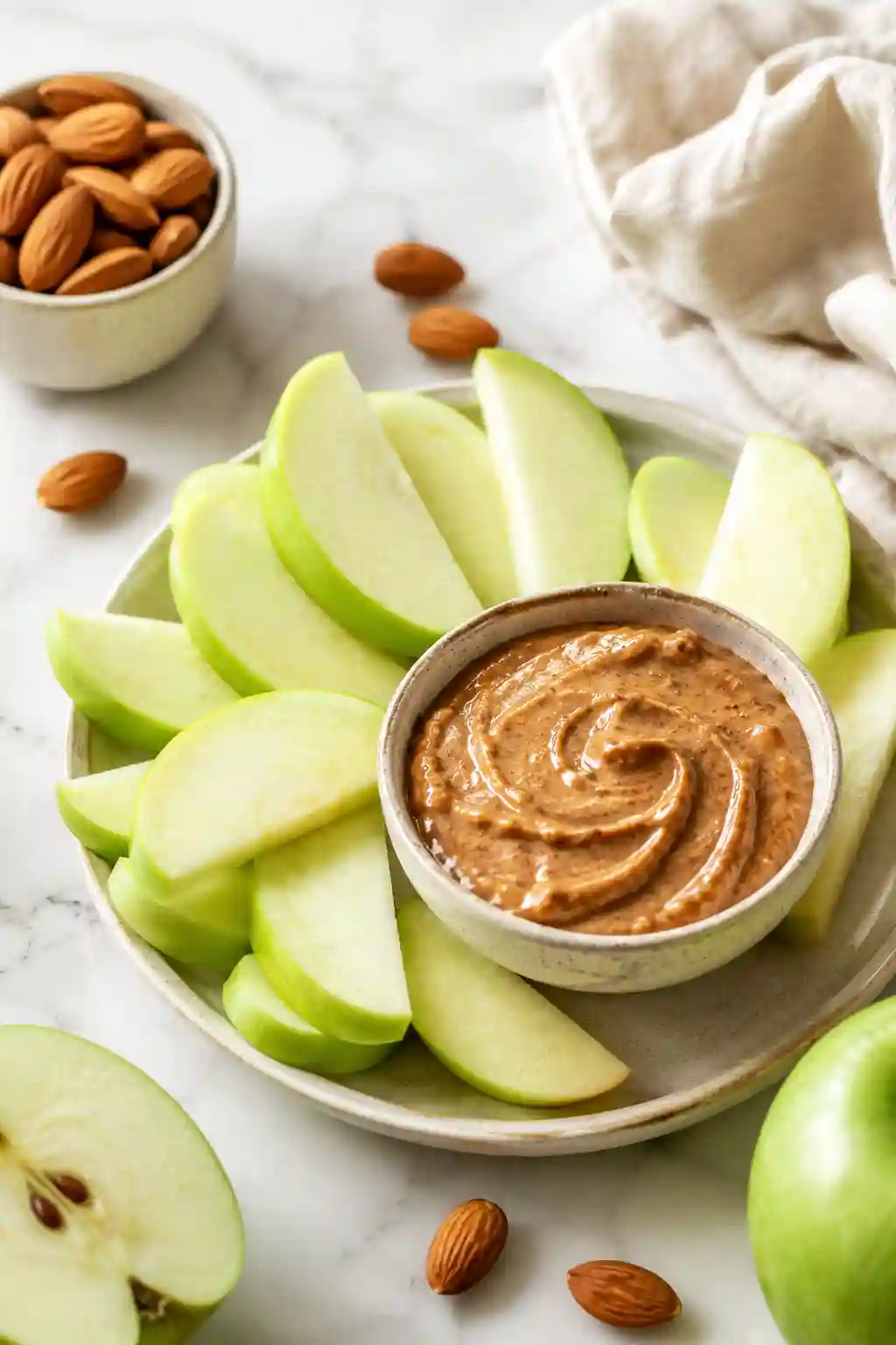 Green apple slices with almond butter served as a healthy high protein snack