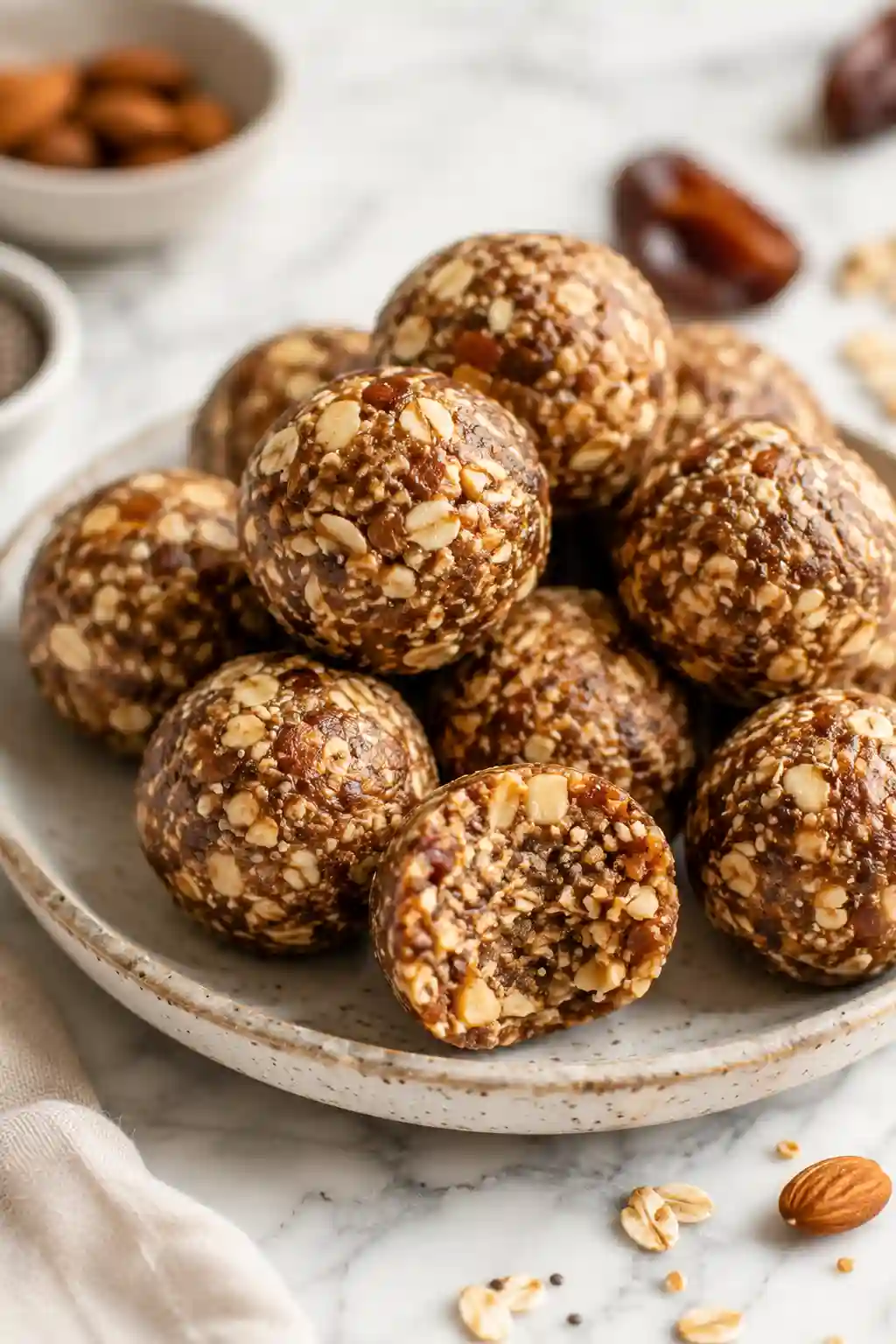 Healthy homemade energy balls made with oats, dates, nuts, chia seeds, and almond butter
