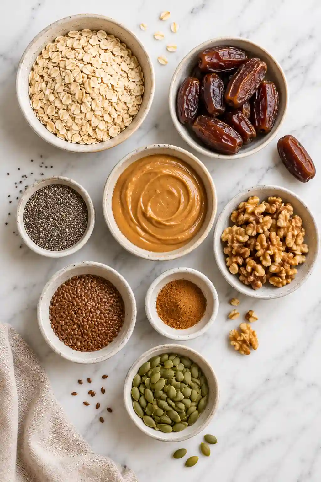 Homemade energy balls ingredients including oats, dates, almond butter, chia seeds, walnuts, flaxseed, and pumpkin seed