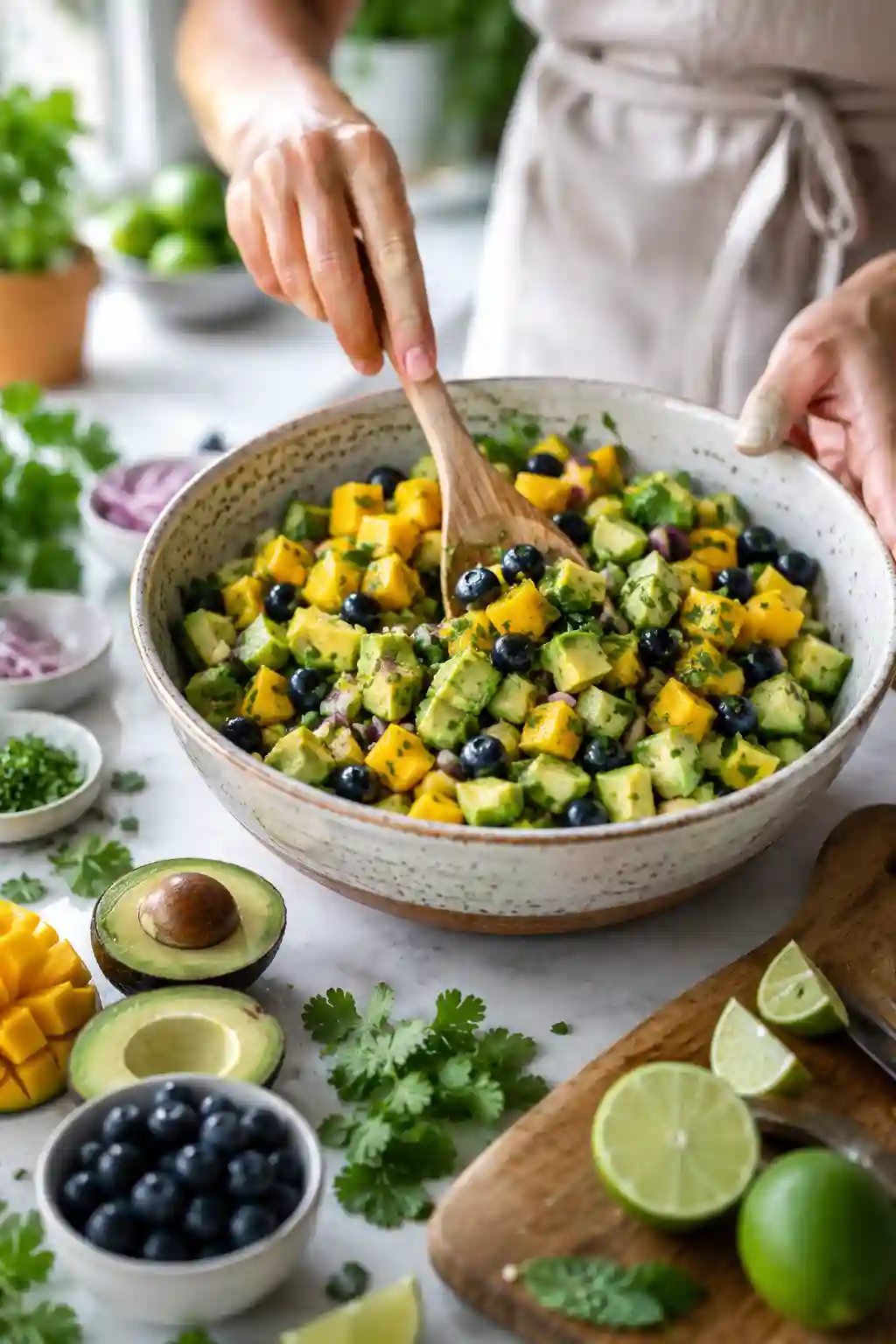 Hands mixing fresh mango cucumber salad with avocado, blueberries, cilantro, and lime dressing in a ceramic bowl