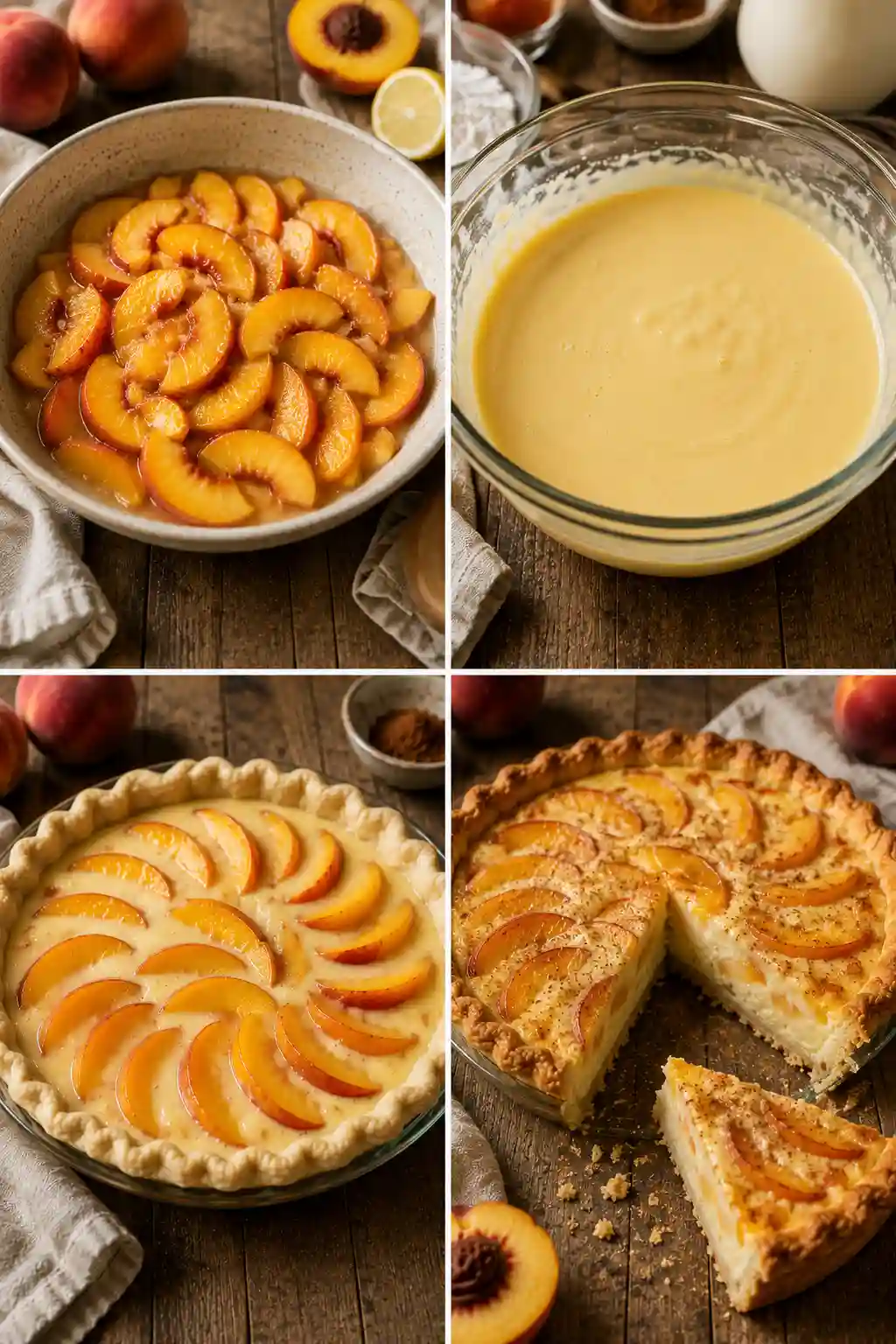 Four step collage showing peach preparation, custard mixing, pie assembly, and baked Old Fashioned Peach Custard Pie.